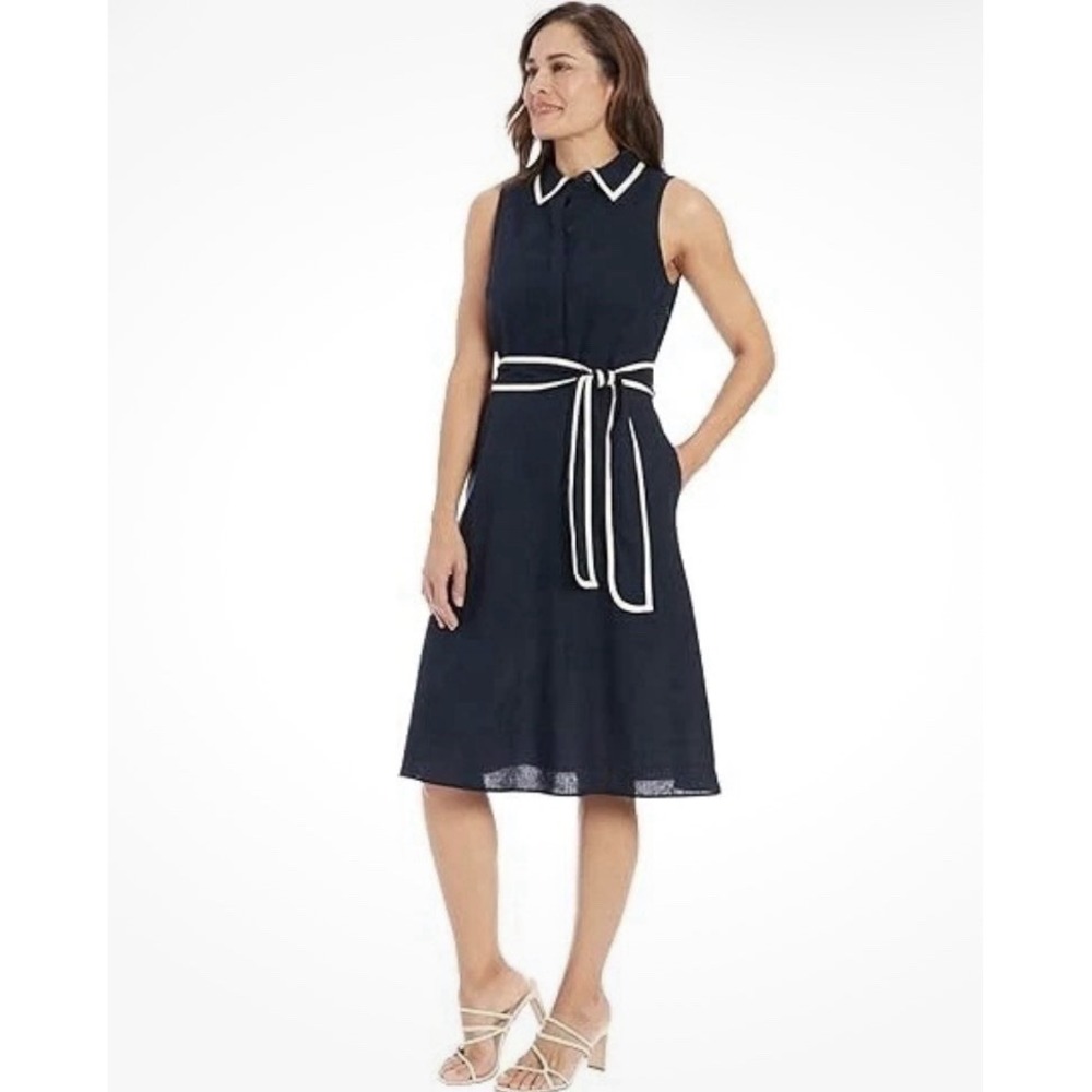 London Times Linen Blend Polished Preppy Classic Belted Shirt Dress, Navy, 16